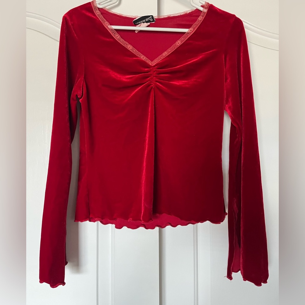 90s vintage red fashion bug velvet flare top